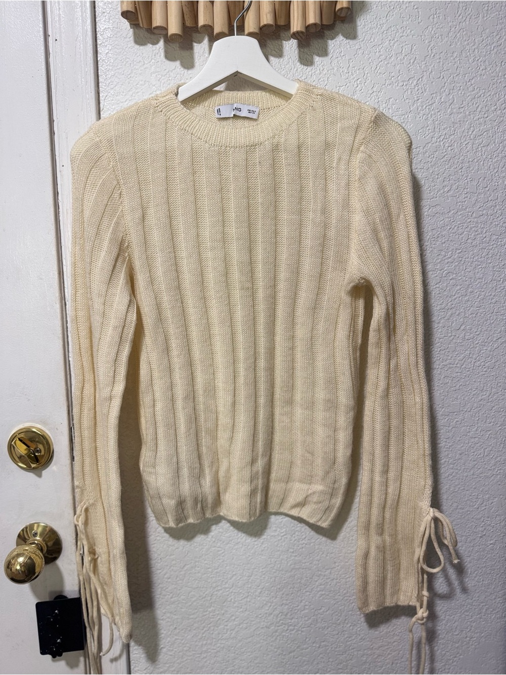 Mango Cream Ribbed Crewneck Sweater with Sleeve Ties